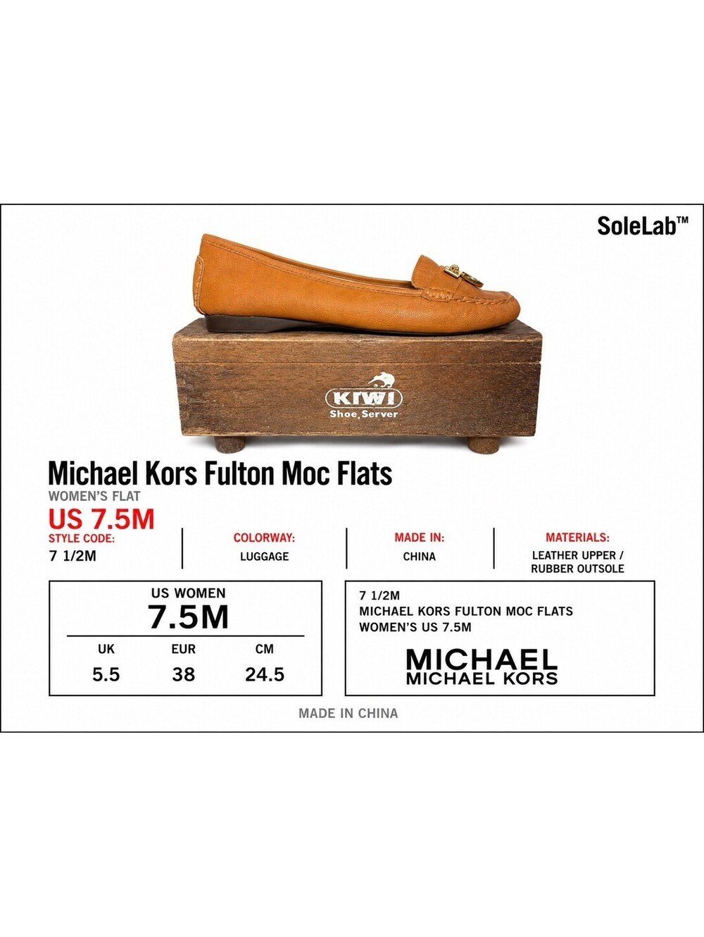 Michael Kors Fulton Moc W 7.5M Luggage Brown Leather Flats Gold MK Charm